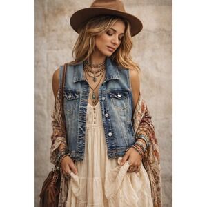 Vtg Maurice's Denim Blue Jean Vest Medium Y2K Grunge Rocker Distressed 90s Y2K